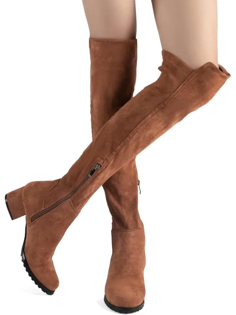 Women's Brown Pointed Toe Chunky Block Heel Comfortable Over The Knee Boots